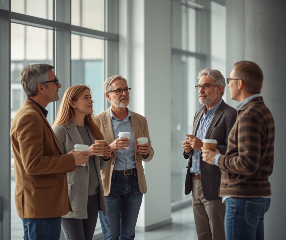 Vier Menschen im Gespraech in der Pause eines Seminarhauses